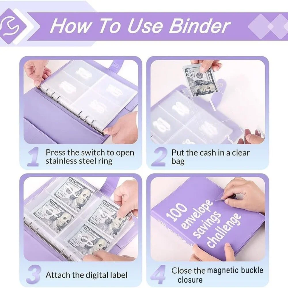 100 Envelope Money Savings Challenge Binder $5,500 (Purple)
